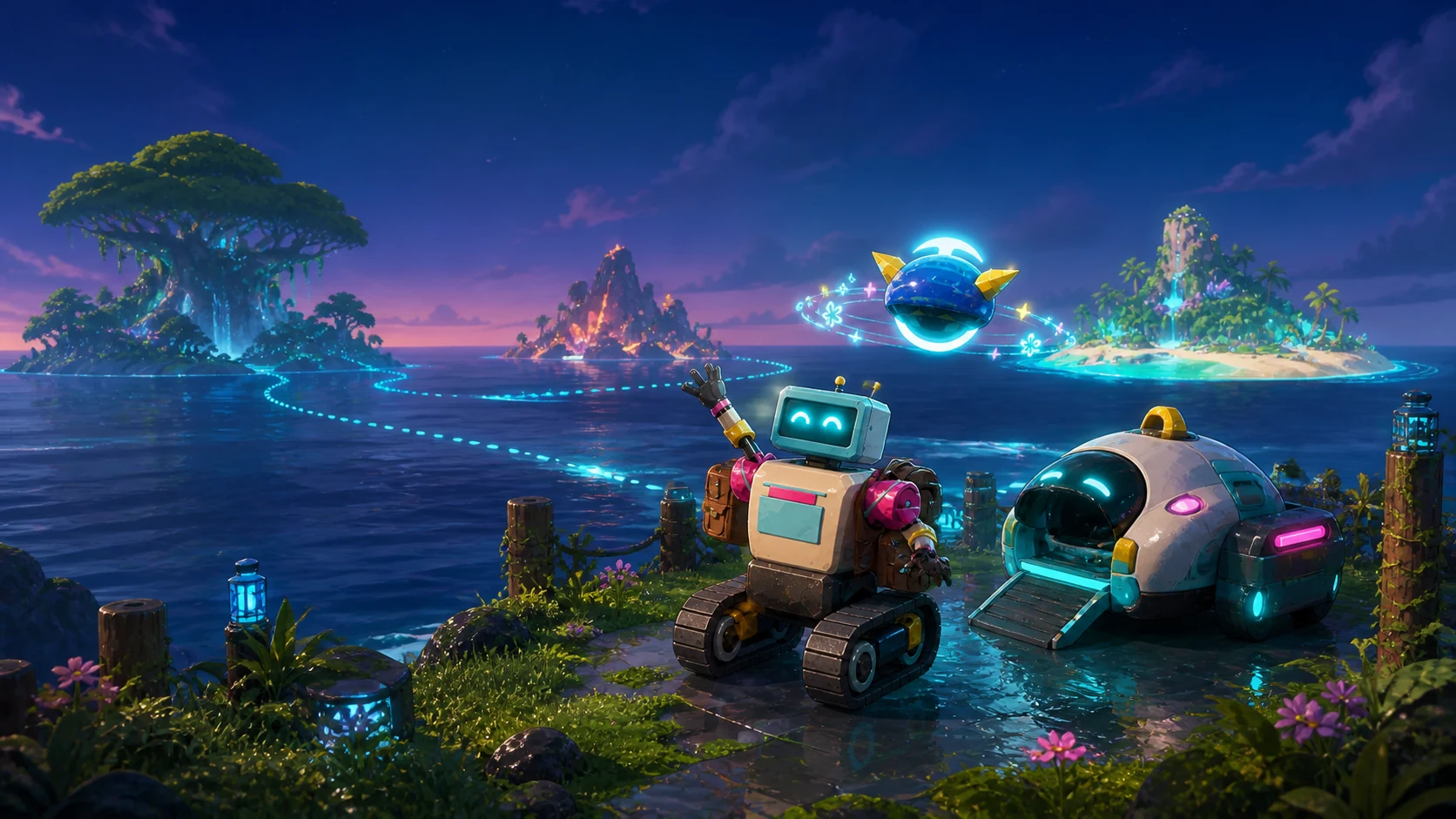 A small explorer robot and its glowing companion look toward three colorful islands from a tiny ship.