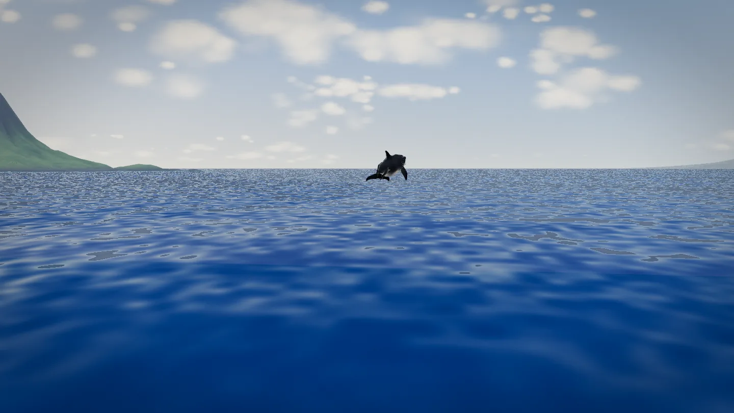 A dolphin leaps clear of the open sea, with the hat-shaped islet on the horizon.
