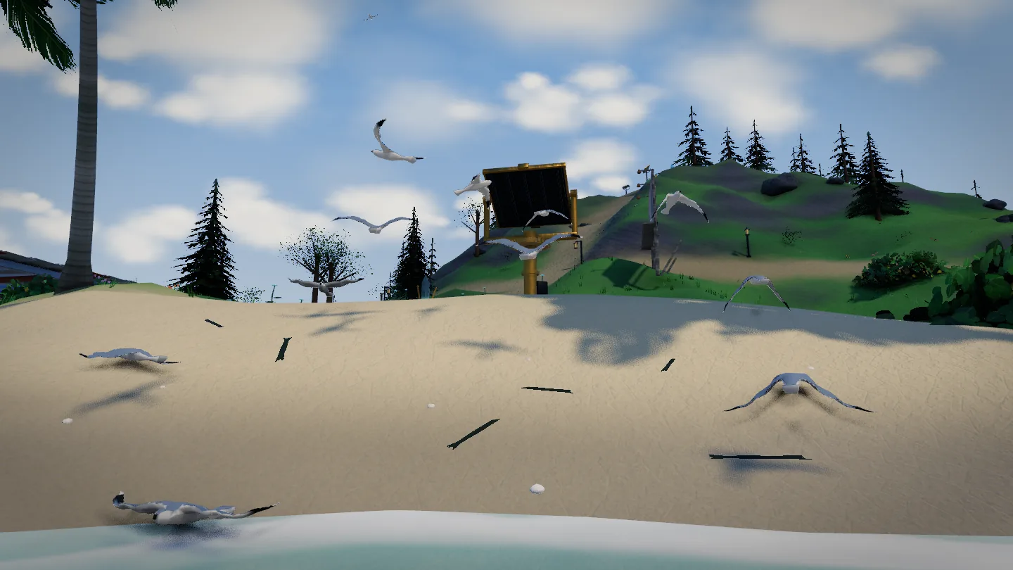 A flock of gulls lifts off a sandy beach together as Seven rolls toward them.