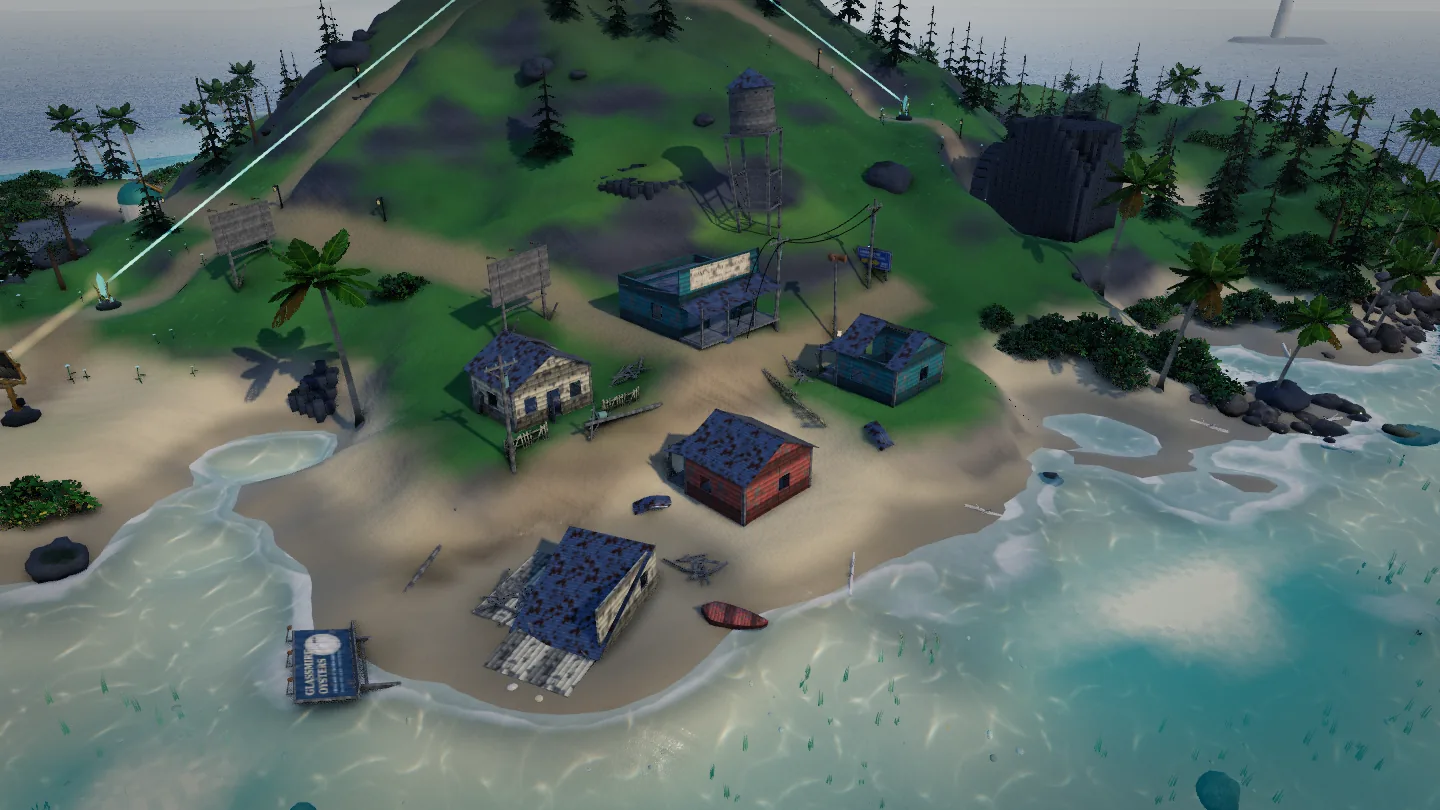 An aerial morning view of Haven Point: weathered clapboard houses with rusted tin roofs, a leaning water tower, a fallen utility pole, and a welcome billboard above the beach.