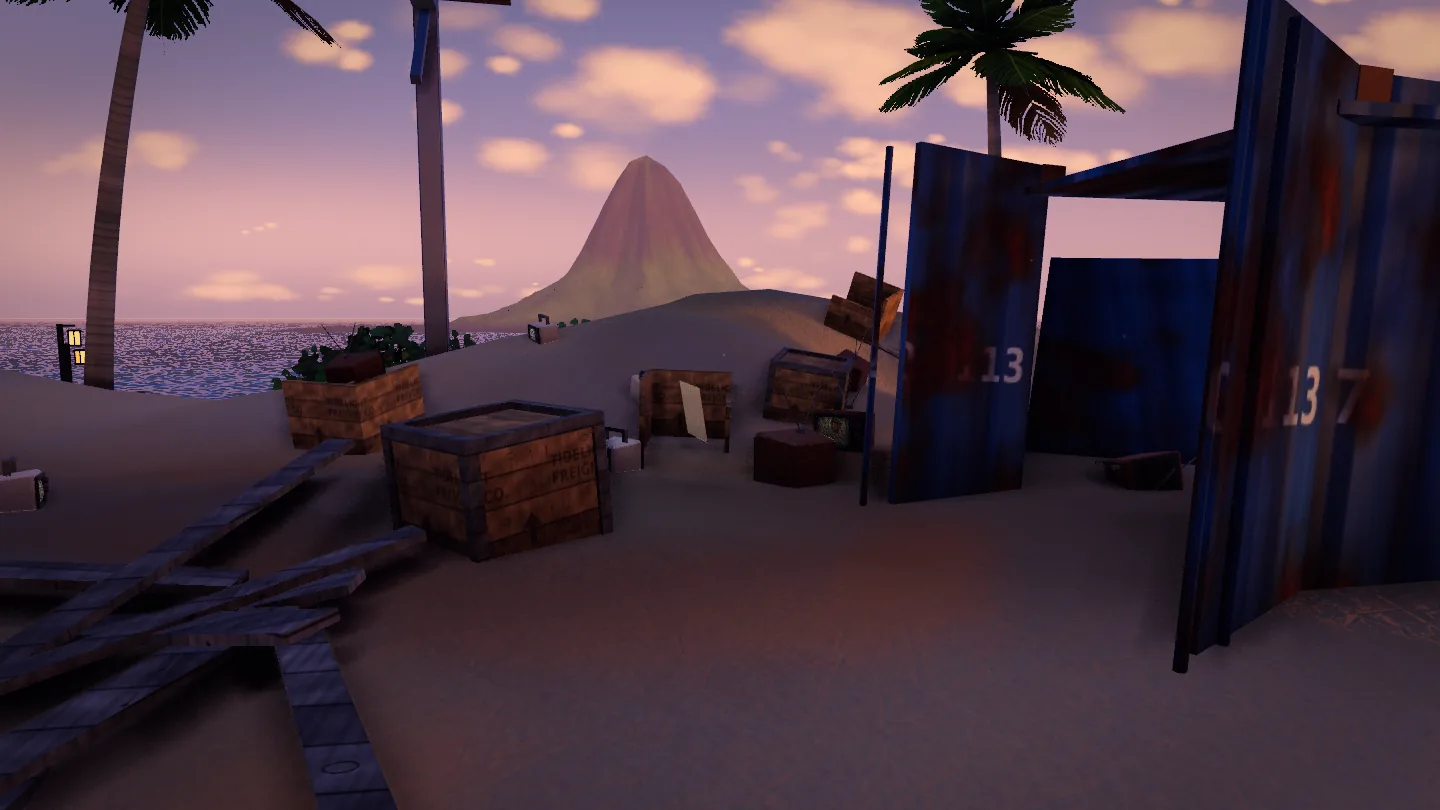 At sunset, a burst blue shipping container lies on the beach with wooden freight crates around it and a box television playing a GameLab clip in the sand.