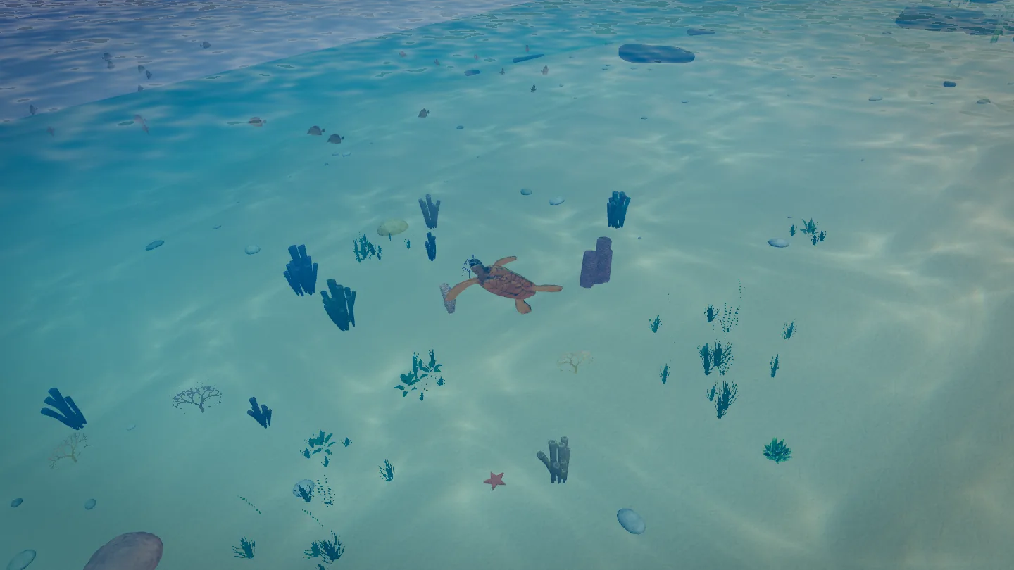 A green sea turtle swims just under the surface of clear blue water.