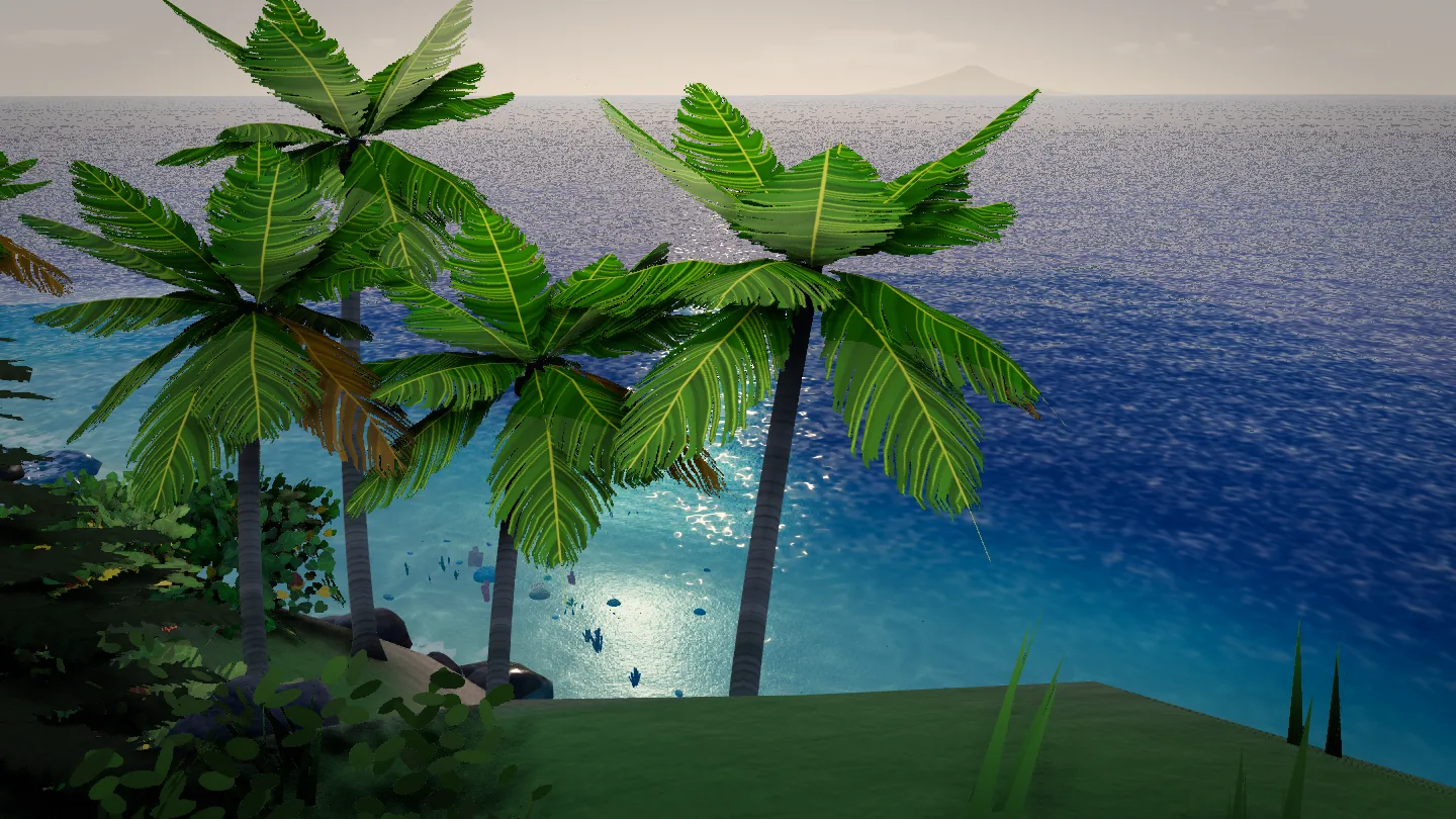 Coconut palms on a headland glow green against the late afternoon sun over a blue sea.