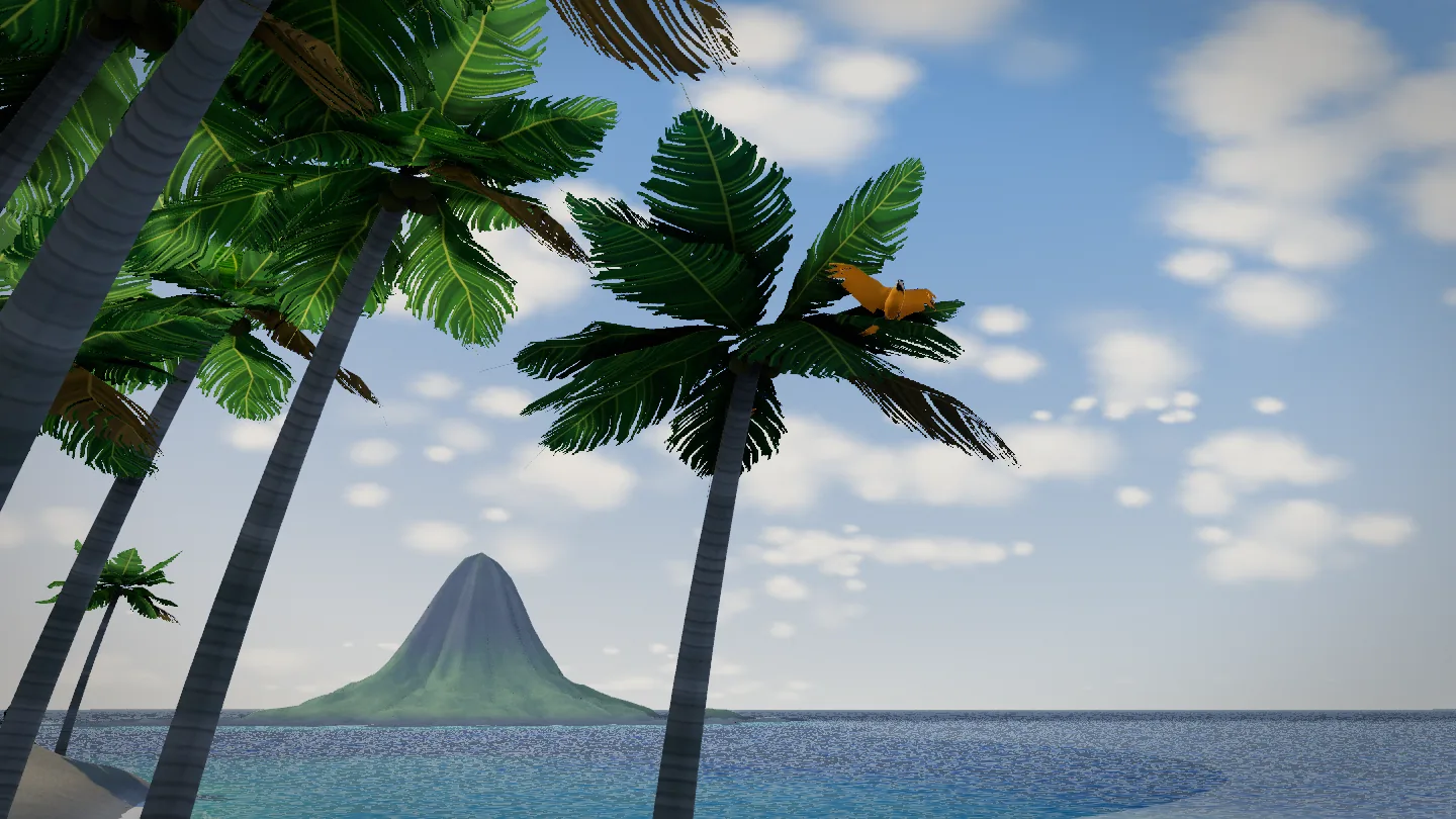 A bright macaw perches on a coconut palm frond high above the beach.