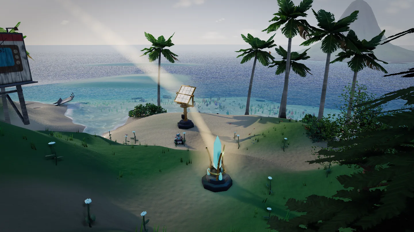 Seven stands near a glowing crystal pylon while the repaired Shore Mirror bounces morning sun across the beach.