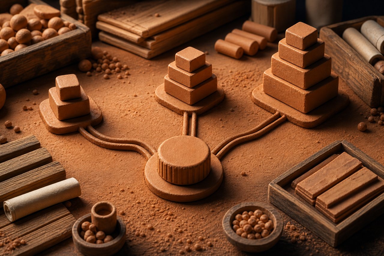 Close view of a clay dial connected to progressively taller block stacks