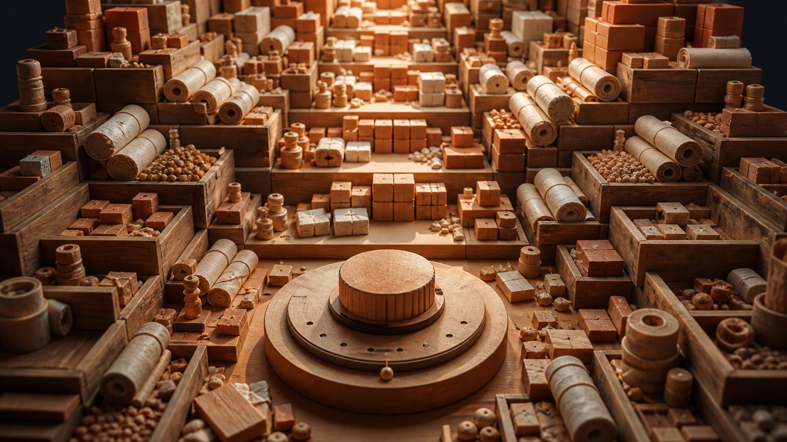 Miniature terracotta workbench with a central dial and stepped stacks of clay blocks
