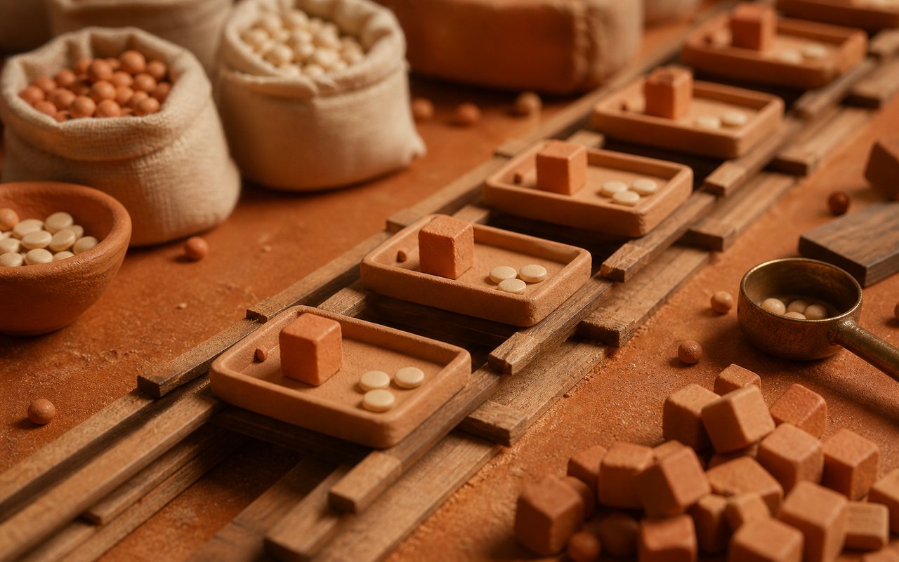 Clay trays on wooden rails repeating small blank model cubes and tokens