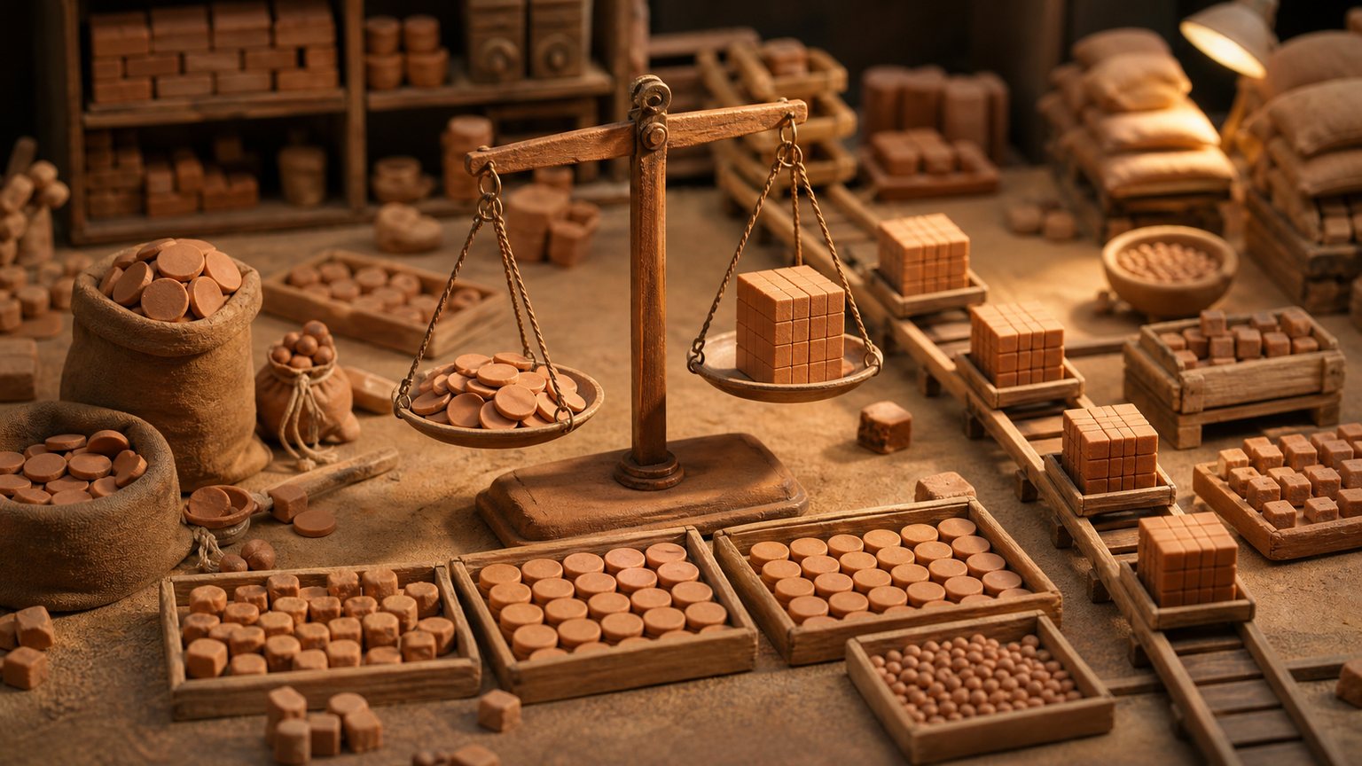 Miniature terracotta balance scale with blank tokens, clay blocks, trays, and rails