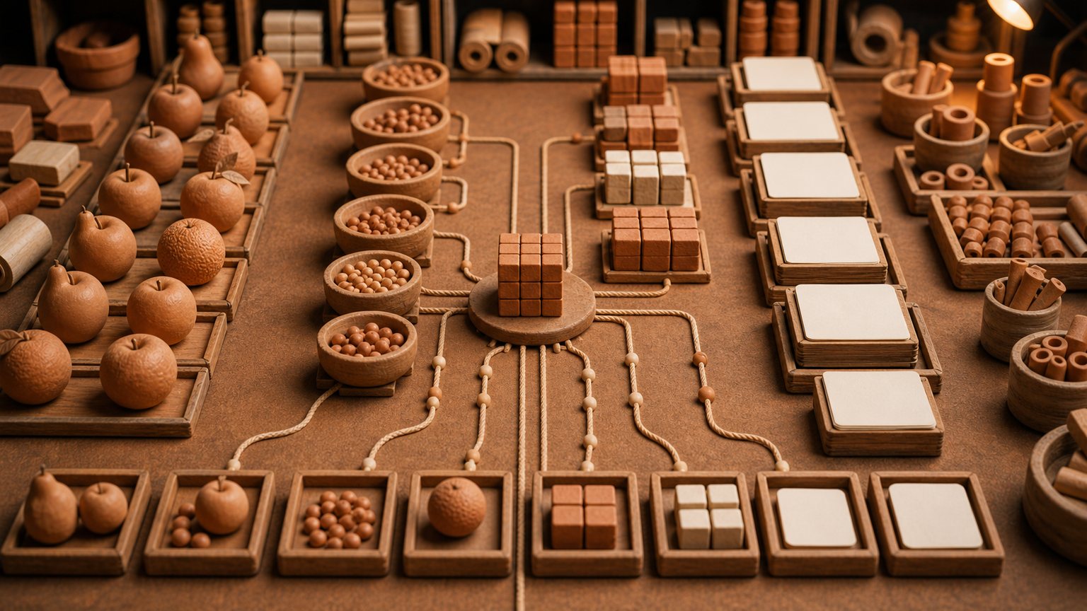 Miniature terracotta training bench with sorted fruit shapes, beads, blocks, blank cards, and trays
