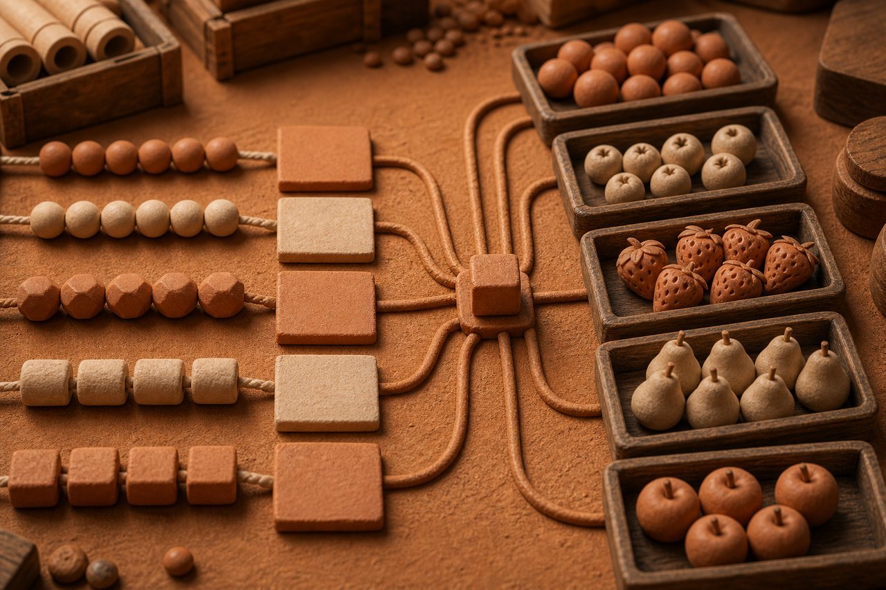 Close view of bead strings, blank tiles, fruit-shaped pieces, and clay trays connected to one small cube