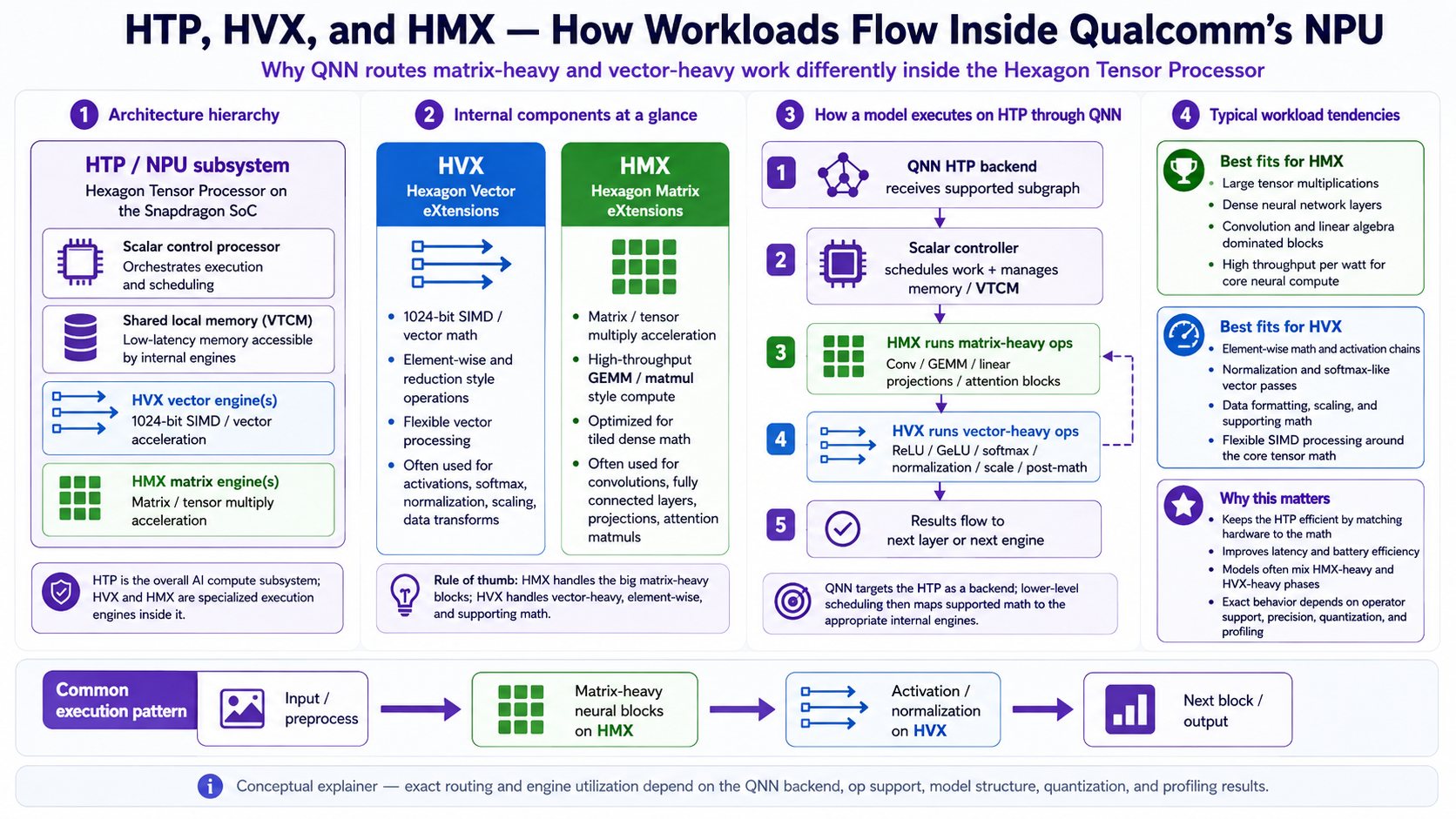 Hexagon HTP HMX HVX infographic explaining Snapdragon NPU execution components