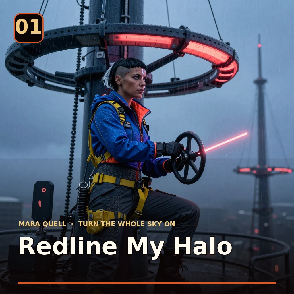 Mara Quell turns a heavy relay wheel in driving rain as one halo segment glows above Cinderline.