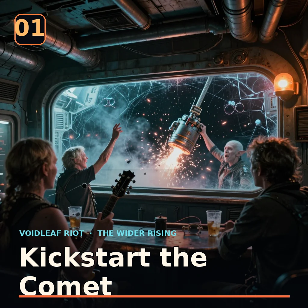 Voidleaf Riot plays inside the Bent Comet as docking clamps break loose and sparks cross the forward glass.