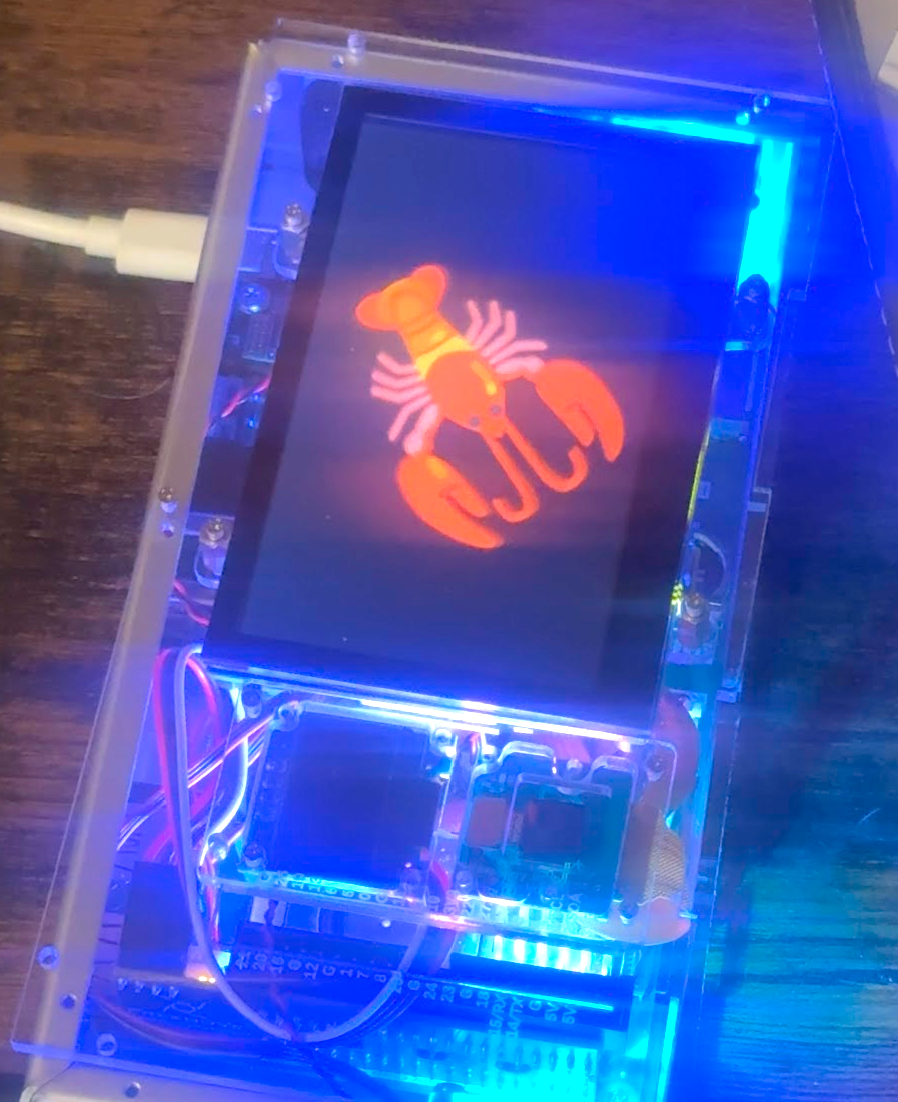 Early Sensorshell prototype with a spinning lobster emoji