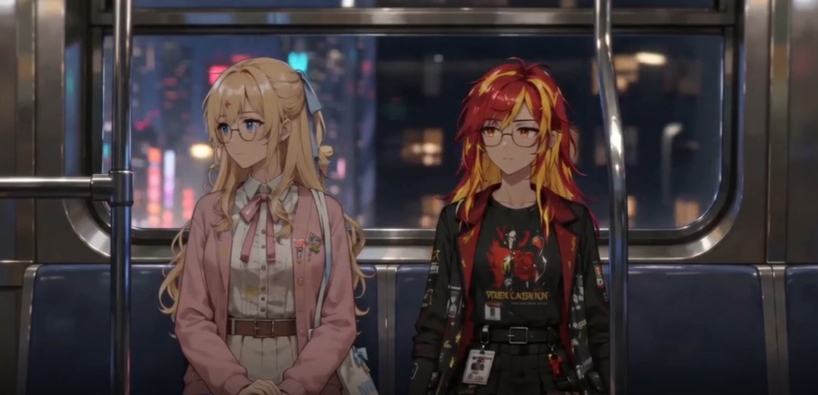 Two anime-styled agent avatars seated inside a subway car at night, suggesting agents riding a shared transit layer between systems.