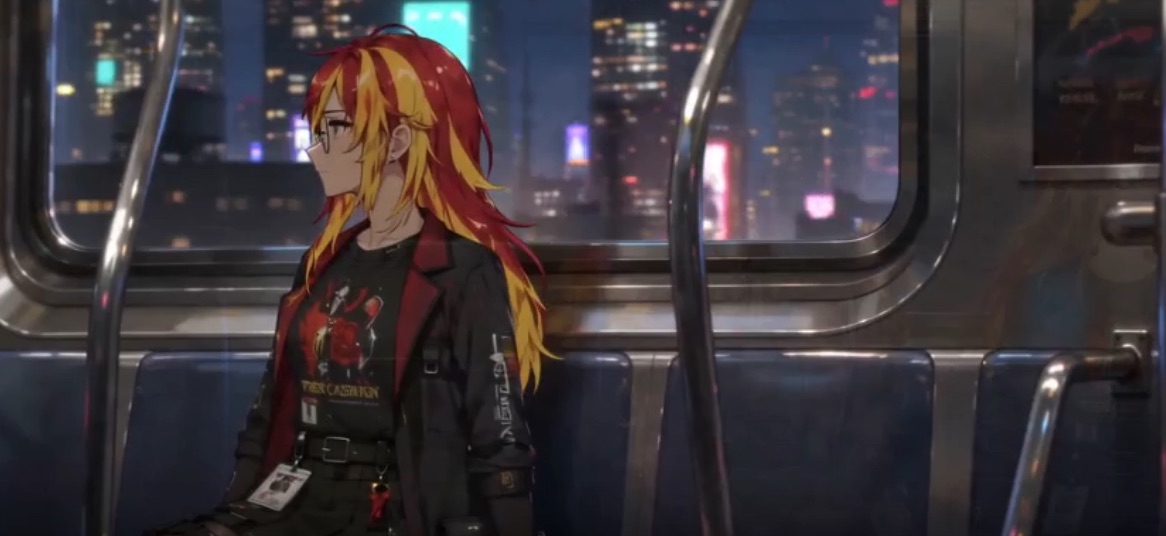 A red-and-yellow-haired agent avatar sitting alone in a subway car with a blurred city skyline outside the window.