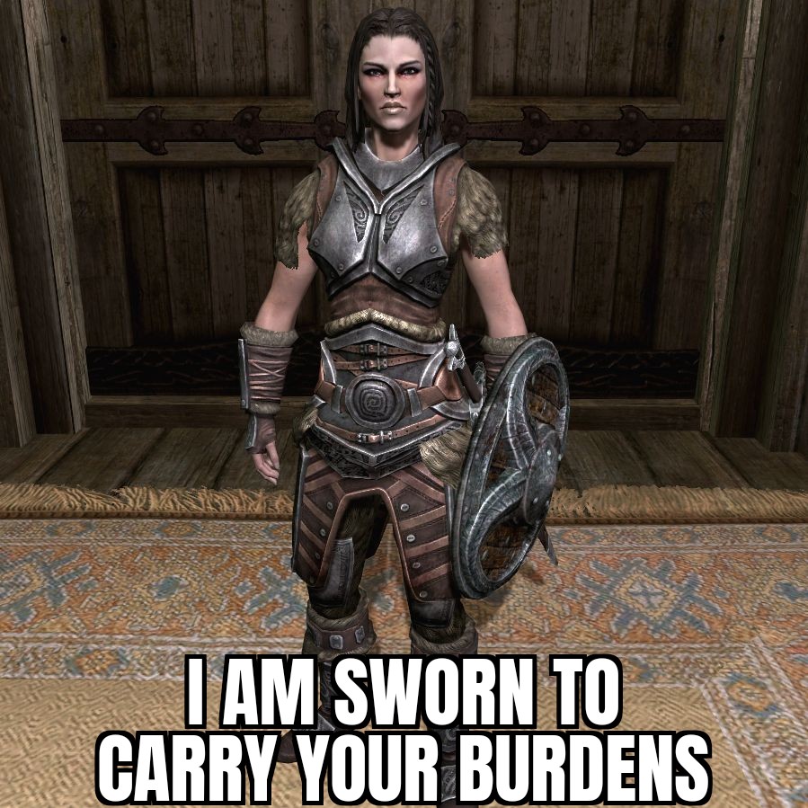 Lydia is so useless without carrying your items or learning any conjuring/summoning spells : r/SkyrimMemes