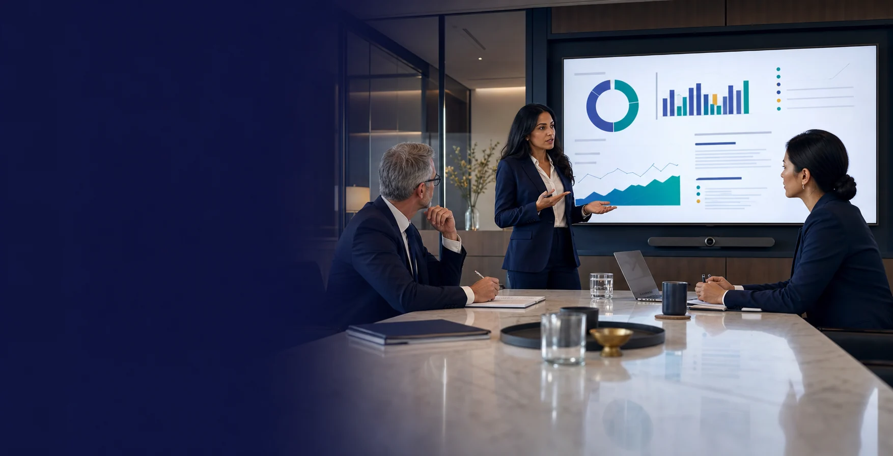 Product and technology executives reviewing an abstract workflow dashboard in a modern boardroom.
