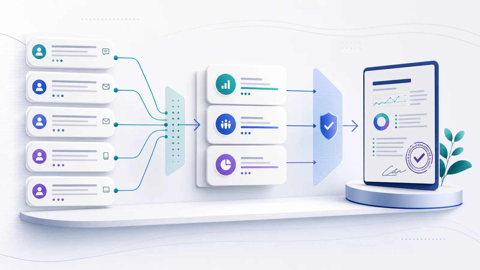 Graphic showing feedback cards flowing into themes and a reviewed product decision brief.
