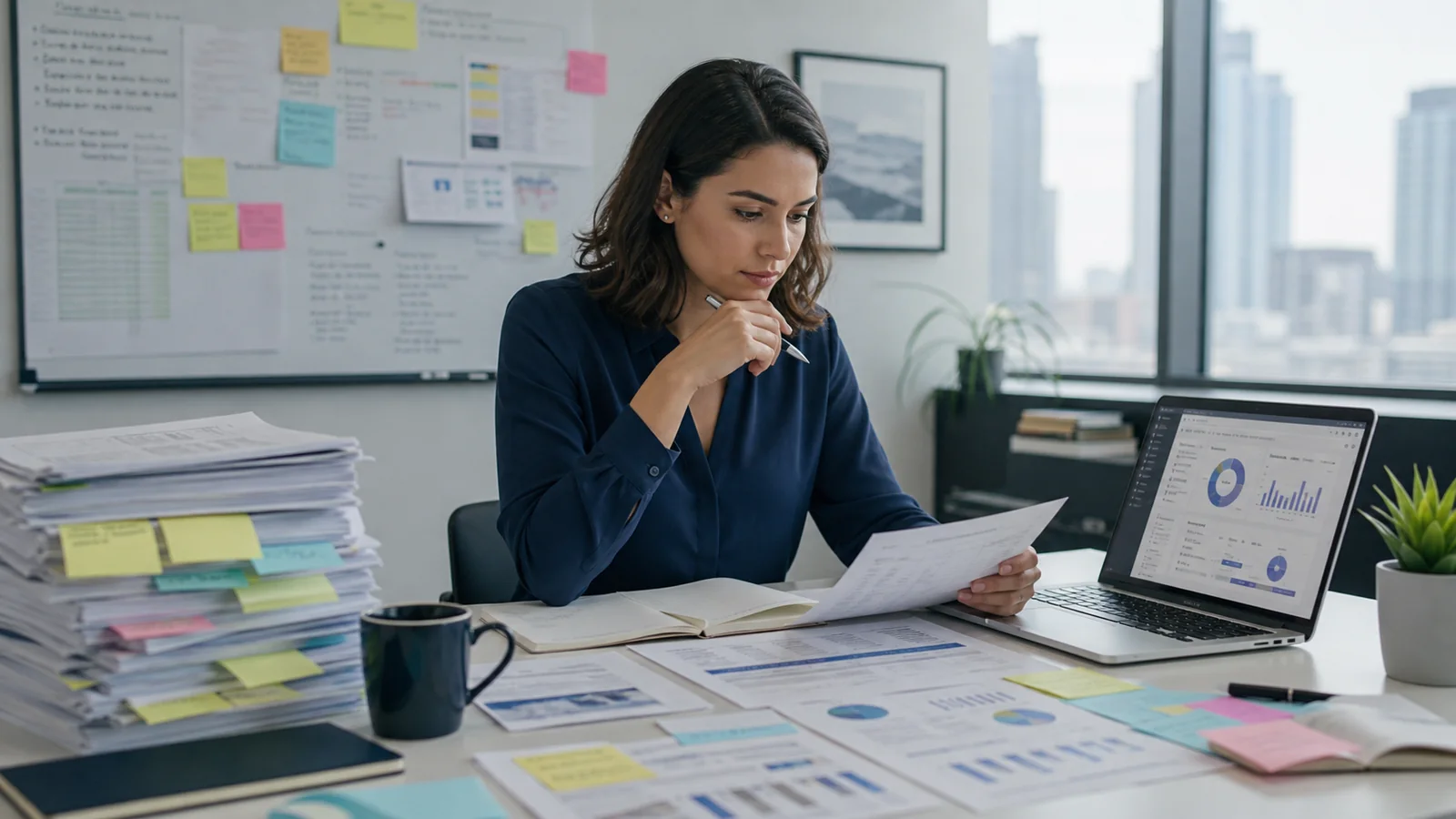 Product leader reviewing customer feedback, reports, and dashboard evidence at a desk.