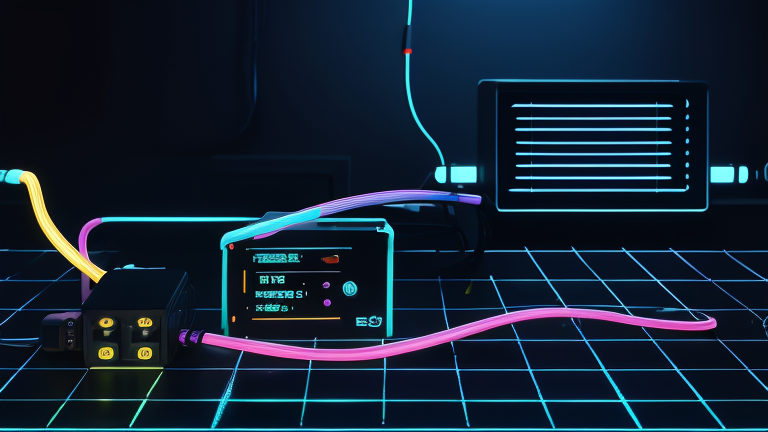 Cyberpunk edge AI board on a neon workbench with cables and terminal panels.