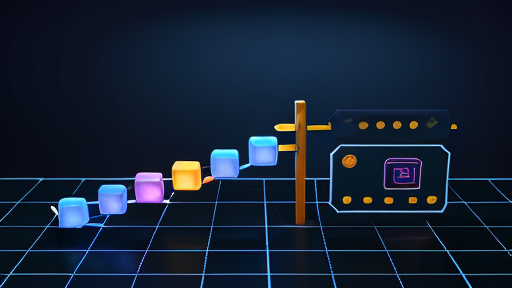 Glowing request cubes waiting at a job queue gate before an edge AI board.