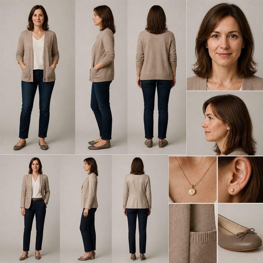 Generated character reference sheet for fictional contact Emily Miller.