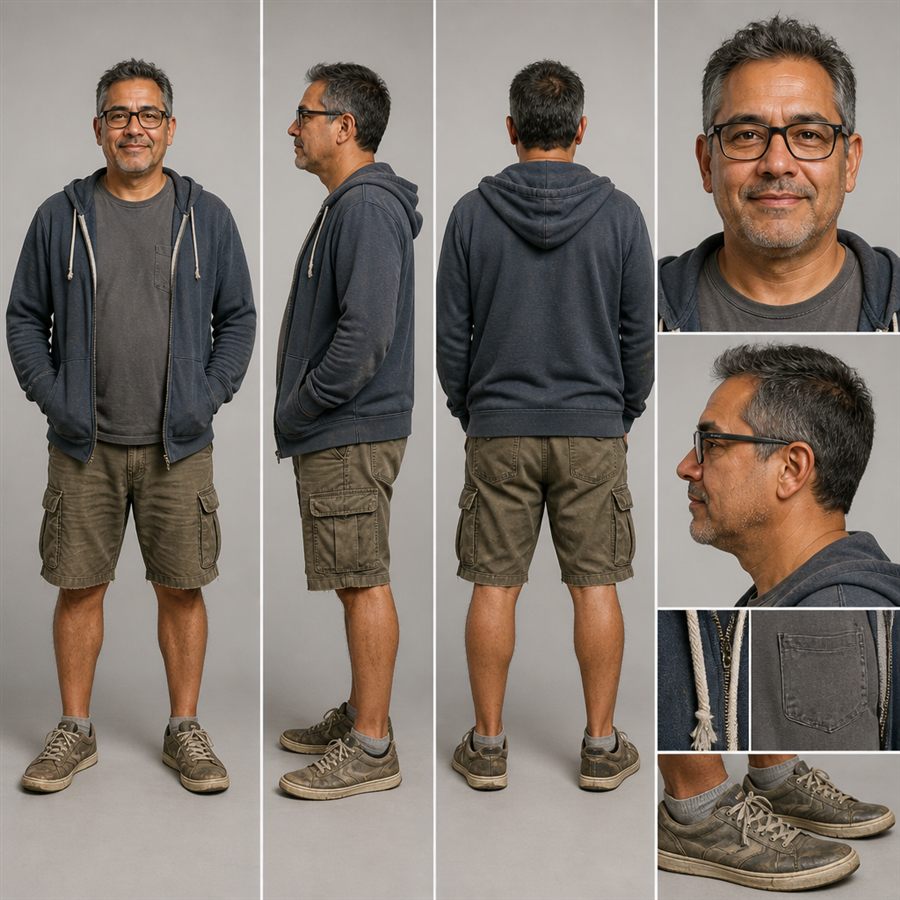 Generated character reference sheet for fictional neighbor Mark Reynolds.