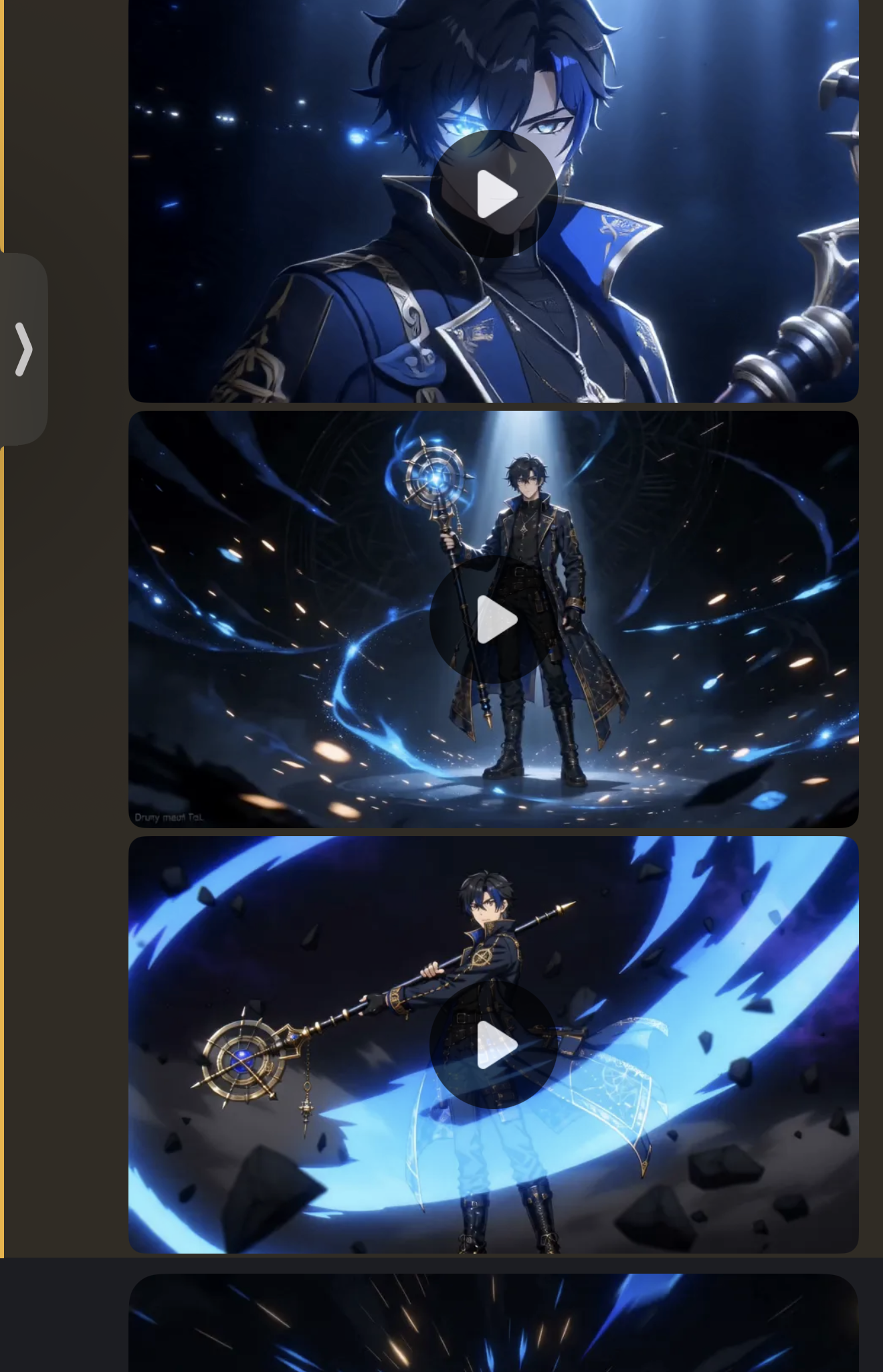 Generated collage of a blue-lit anime-style wizard character holding a staff, with video play icons over several frames.
