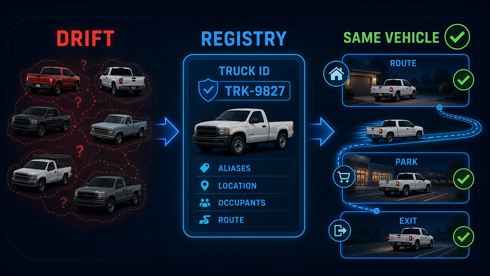 Infographic showing vehicle drift repaired by a stable truck registry with route, parking, and exit state.