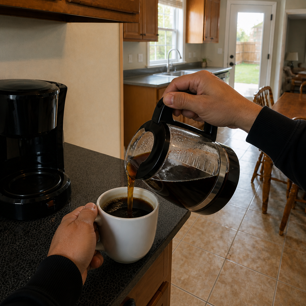Generated John&rsquo;s World coffee pot demonstration frame 4 from the first-cup sequence.