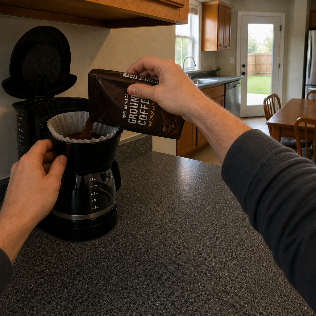 Generated John&rsquo;s World coffee pot demonstration frame 5 from the making-the-coffee sequence.