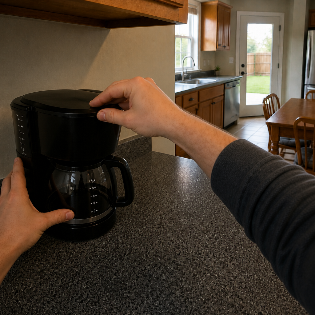 Generated John&rsquo;s World coffee pot demonstration frame 6 from the making-the-coffee sequence.