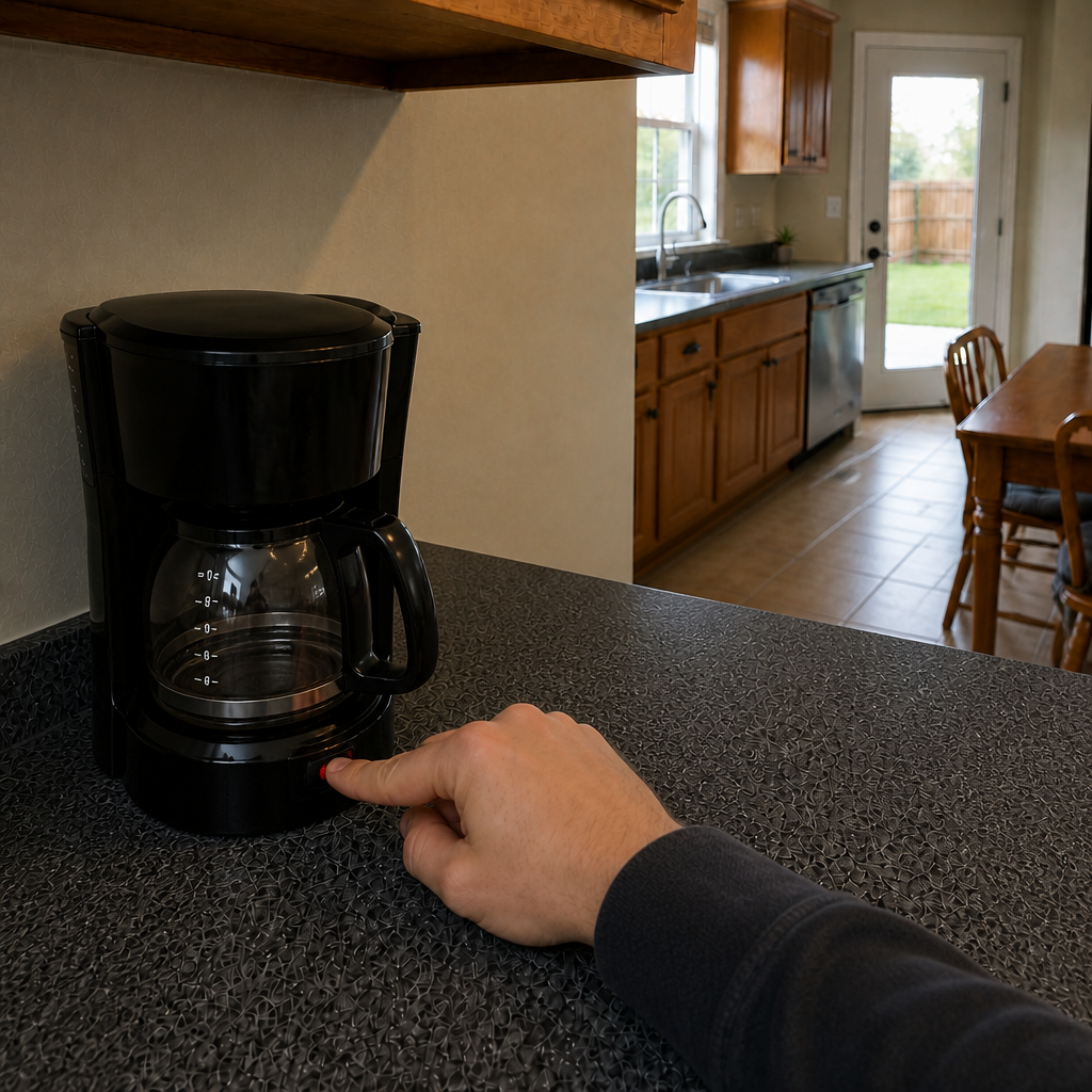 Generated John&rsquo;s World coffee pot demonstration frame 8 from the making-the-coffee sequence.