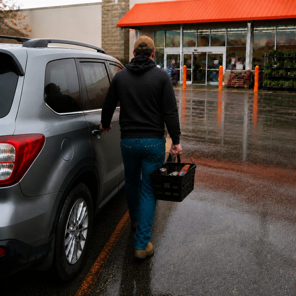 Generated image of John near a store after a transition-heavy errand sequence.
