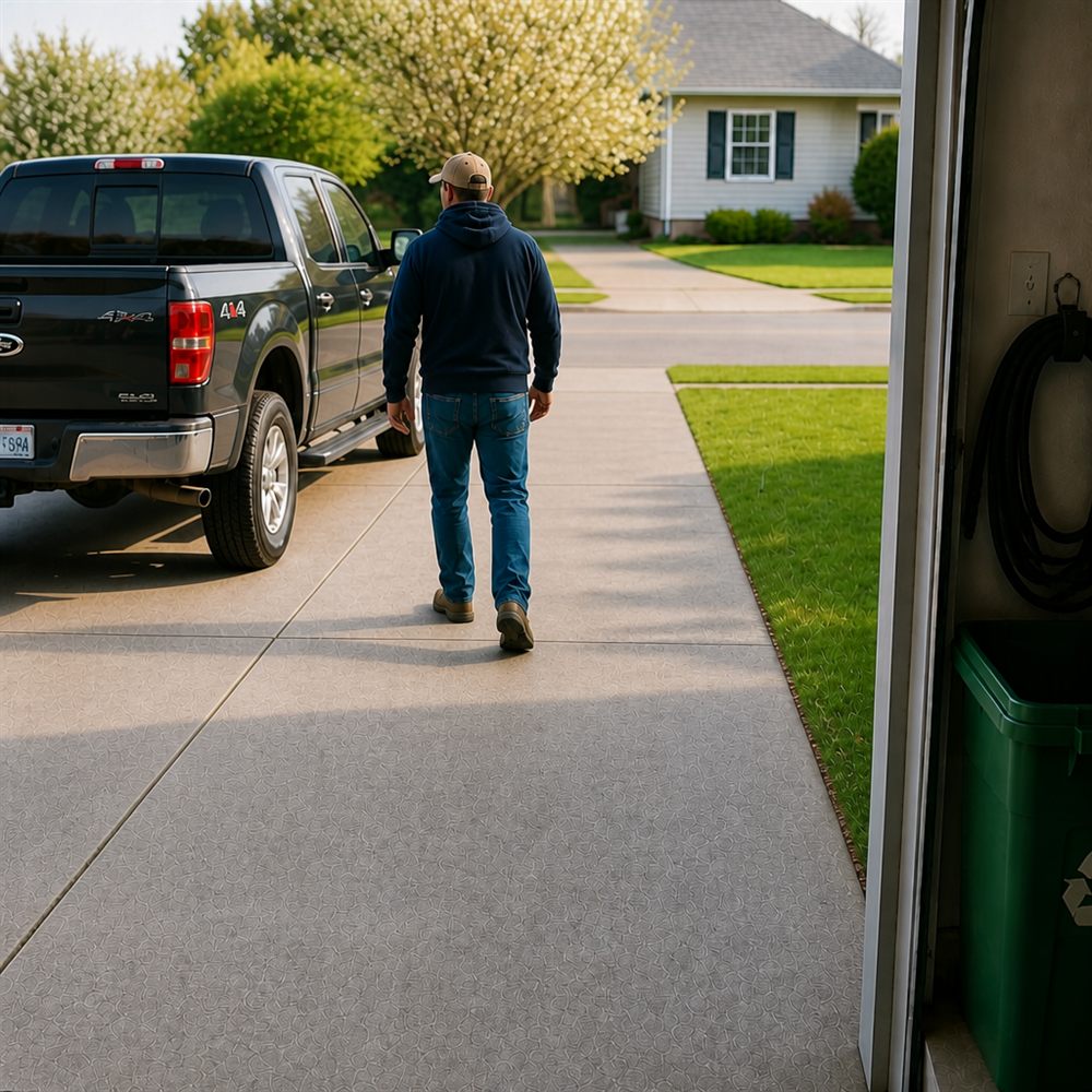 Generated image of John walking across a driveway toward a dark pickup truck.