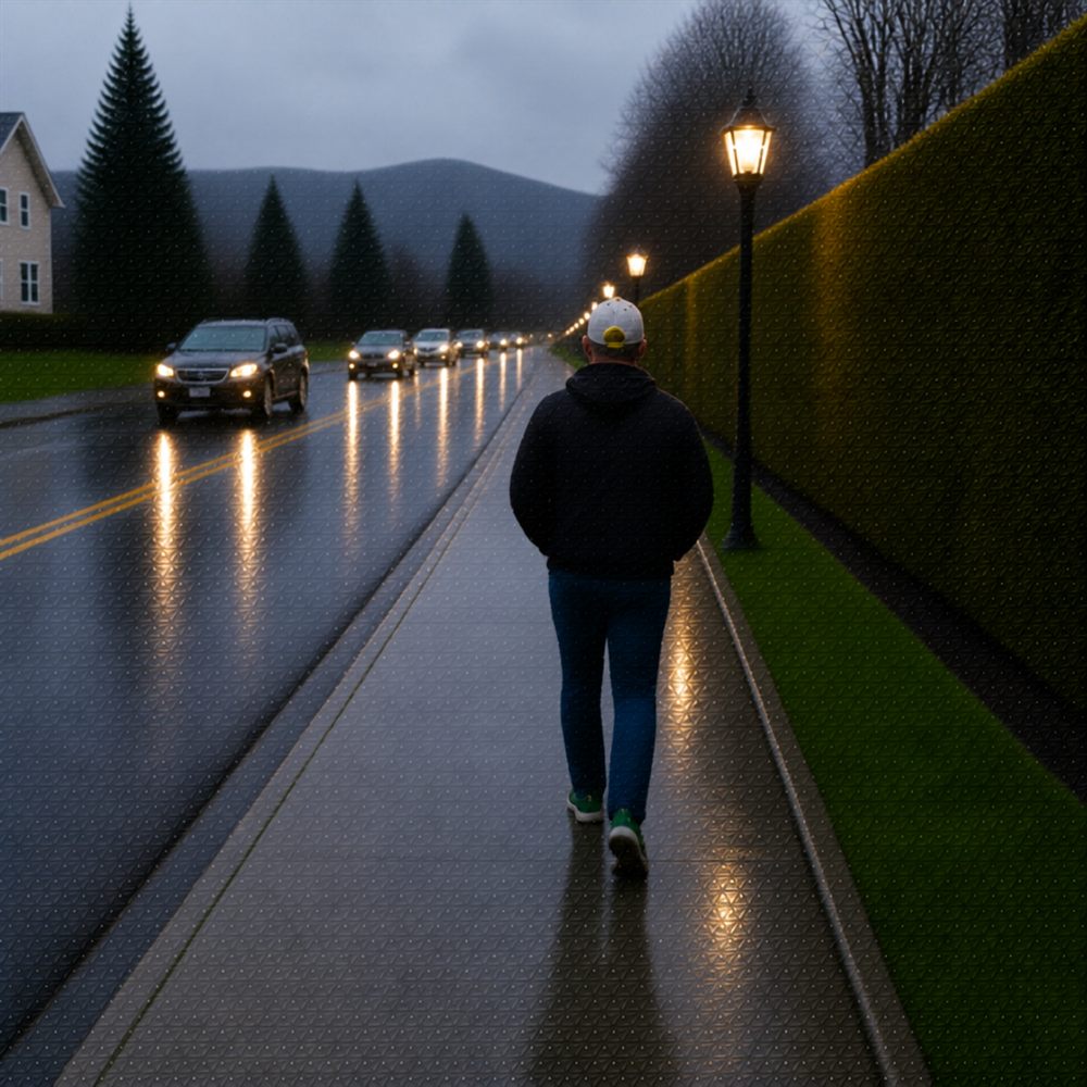 Generated image of John walking alone down a wet suburban sidewalk at night.