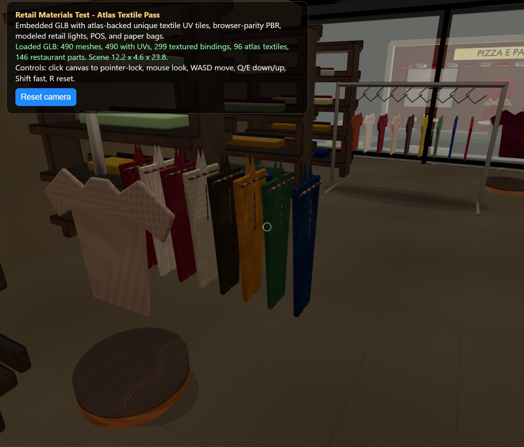 Close view of generated store materials showing floor tiles and local-AI texture detail.