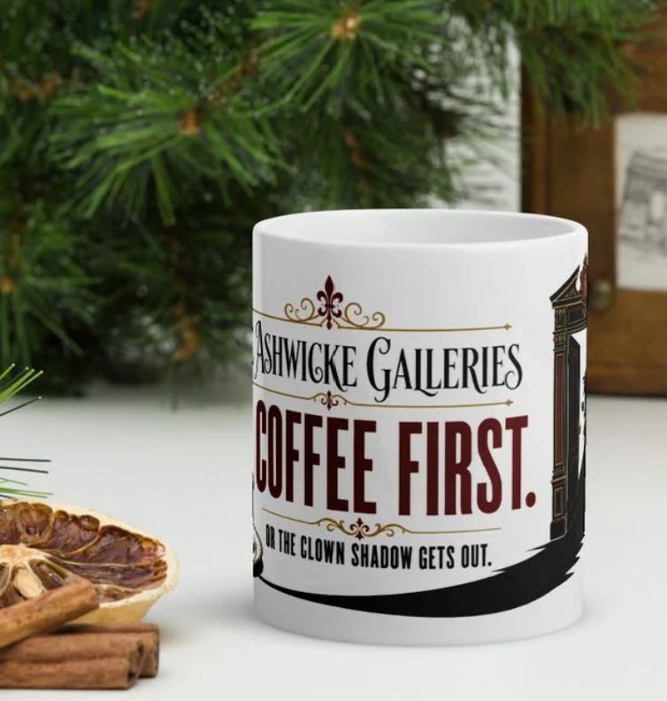 Ashwicke Galleries Coffee First mug shown in two product mockups, view 1.