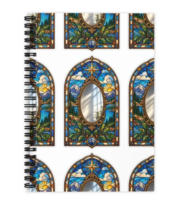 Product mockup for Ruled Line Spiral Notebook - Stainglass Mirror Notebook.