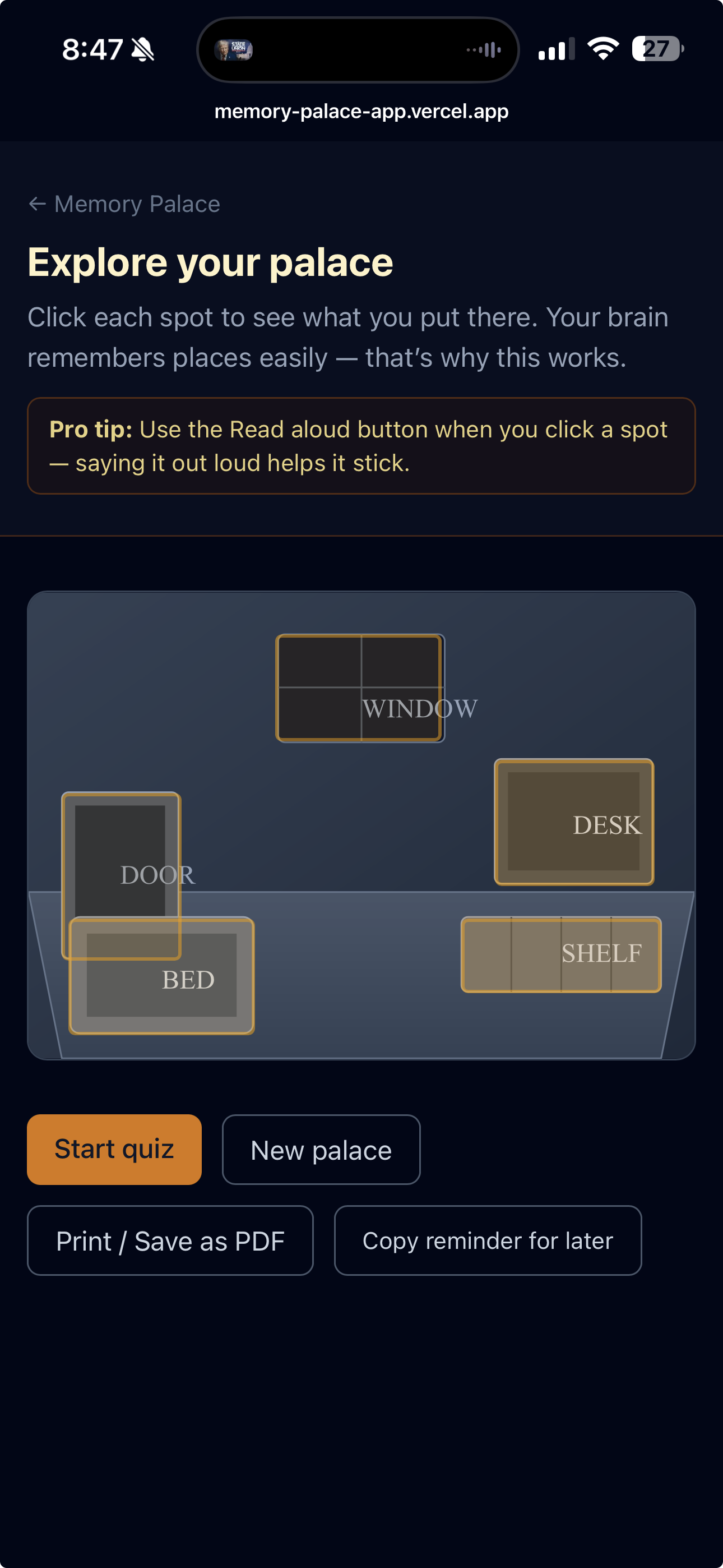 Screenshot preserved from the Week 3 Memory Palace submission note