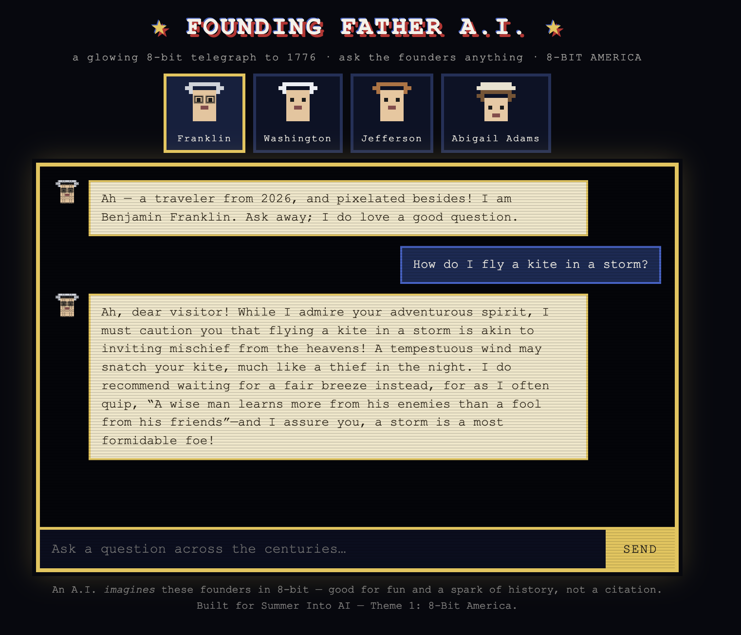 FOUNDING FATHER A.I. — a real LLM, in 8 bits, that talks back from 1776 screenshot from the original Substack post.
