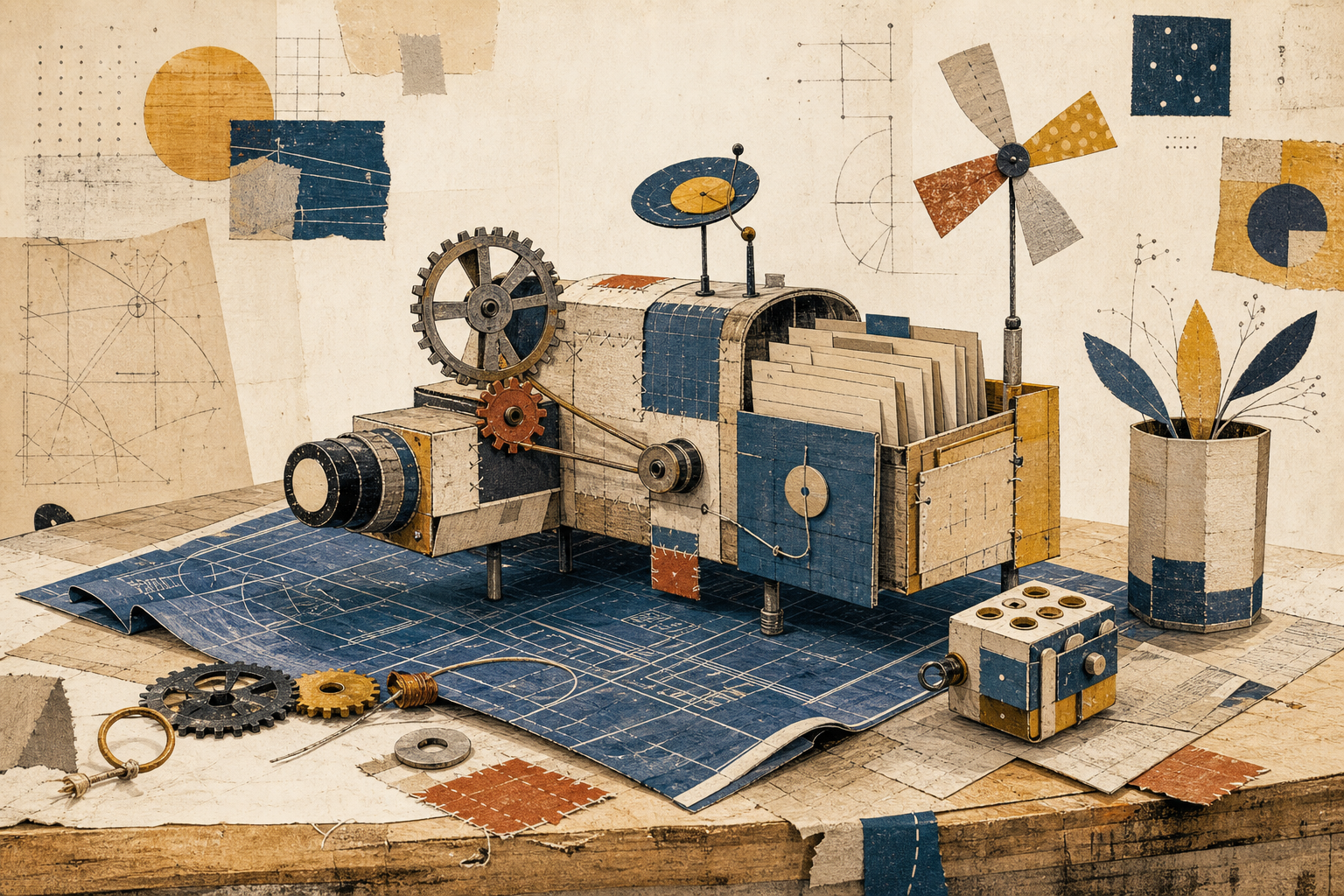 A repaired paper prototype built from blueprints, gears, and recovered parts.