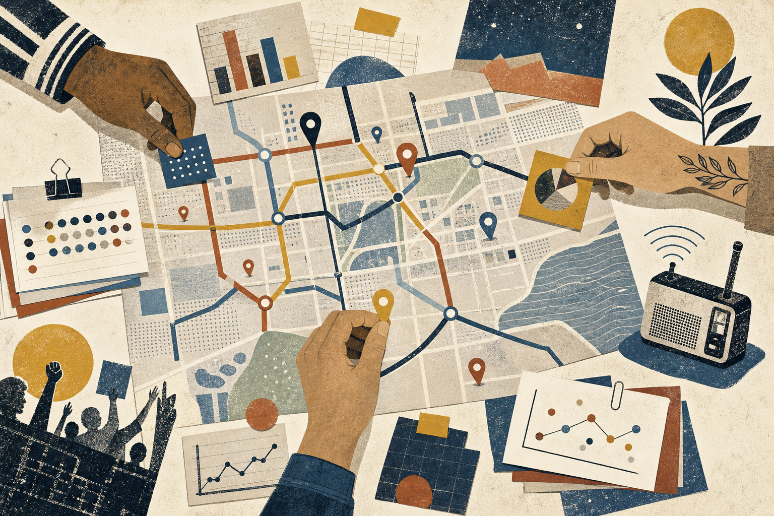 Hands arranging a civic data map with pins, charts, and a small radio sensor.