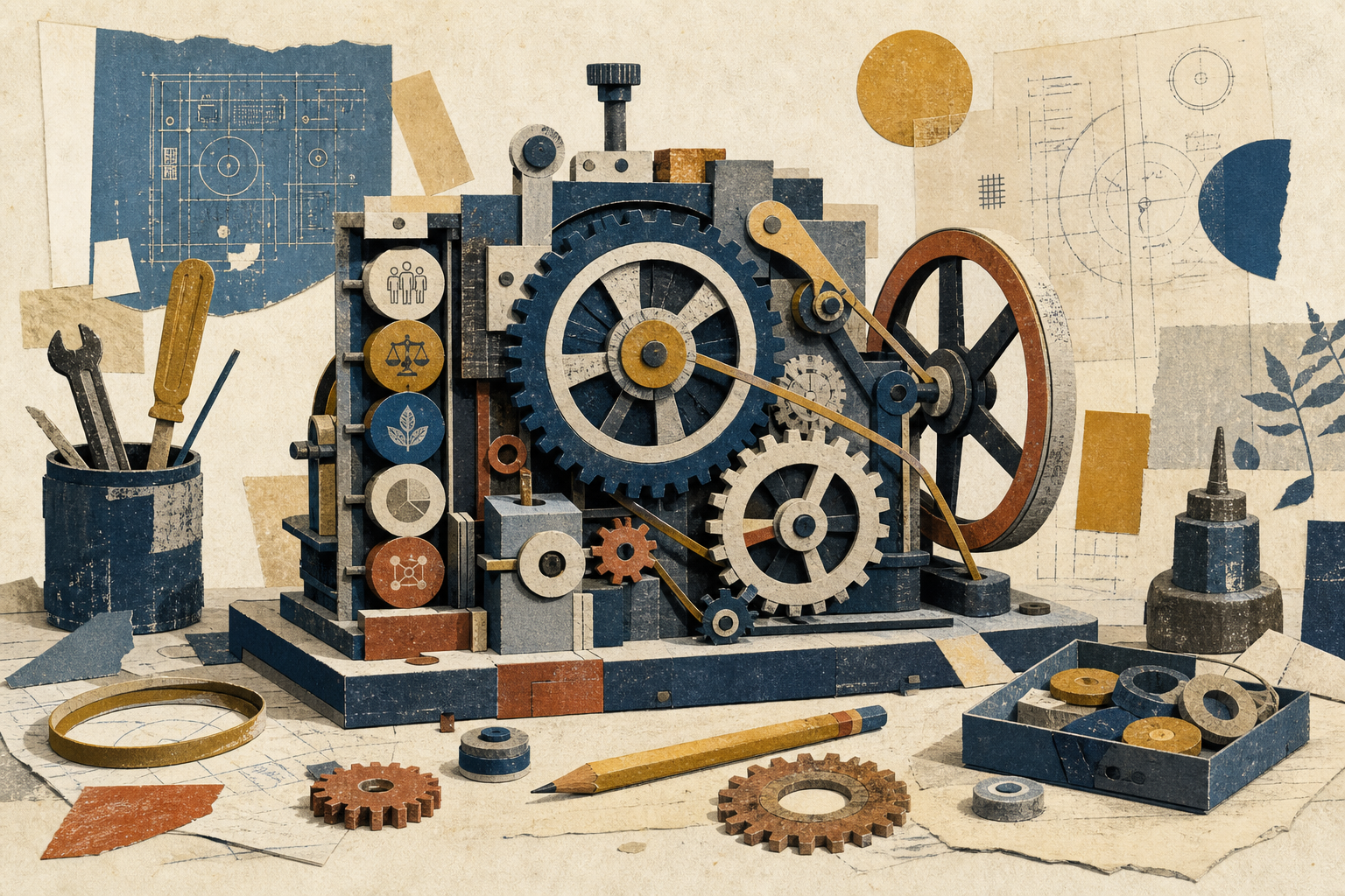 A hand-built paper-and-gear engine surrounded by practical maker tools.
