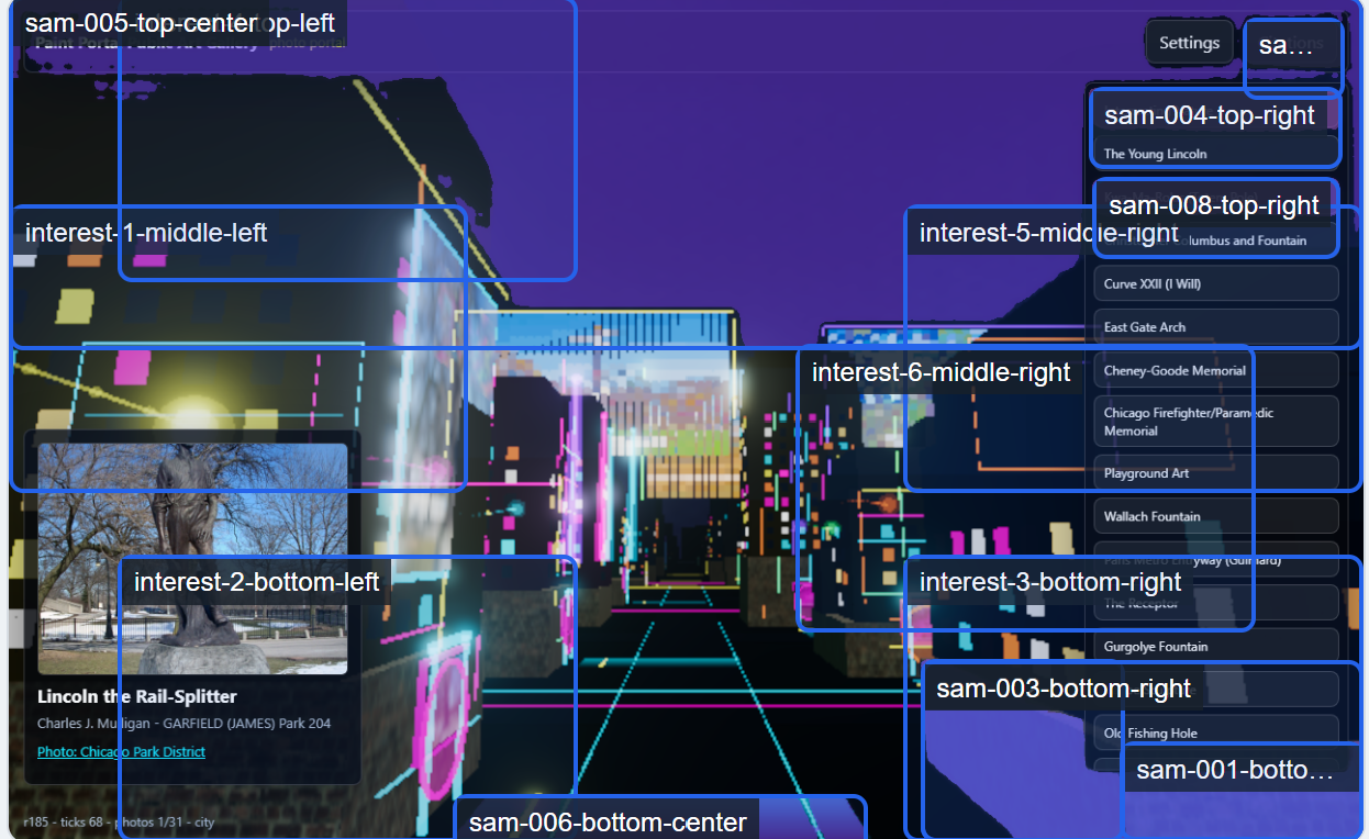 Segmentation Examples the week3 submission ‘Chicago Public Arts’. There’s so much hidden context in a threejs project media from the original Advisory Hour note.