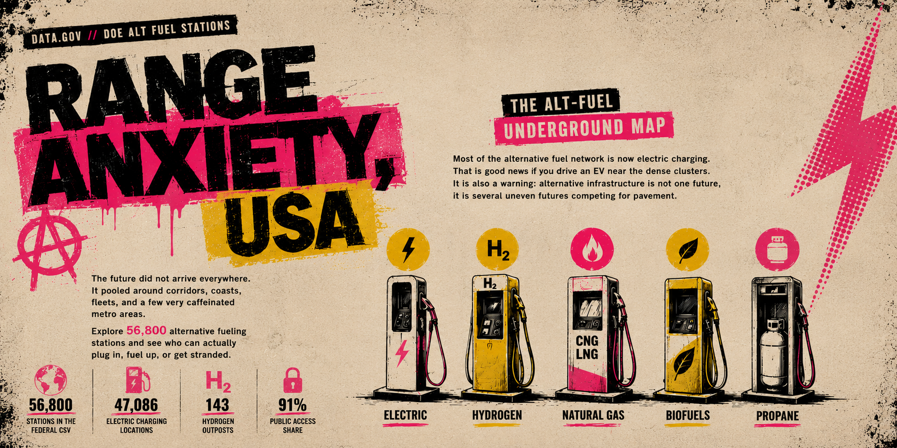 Range Anxiety USA punk zine collage hero with alt-fuel stations
