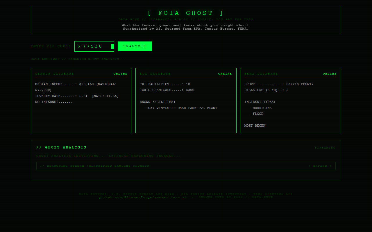 Summer into AI 2026: FOIA Ghost screenshot from the original Substack post.