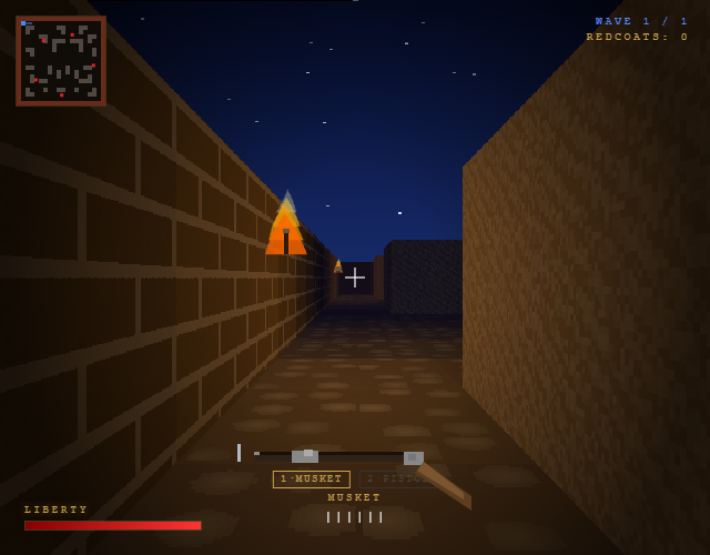 Minuteman gameplay — Redcoat in torch-lit corridor